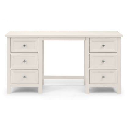 JULIAN BOWEN MAINE Surf White Dressing Table with drawers, featuring a sleek design, matching stool, and tri-fold mirror. Perfect for stylish bedroom storage and vanity needs.