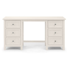 JULIAN BOWEN MAINE Surf White Dressing Table with drawers, featuring a sleek design, matching stool, and tri-fold mirror. Perfect for stylish bedroom storage and vanity needs.