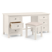 JULIAN BOWEN MAINE Surf White Dressing Table with drawers, featuring a sleek design, matching stool, and tri-fold mirror. Perfect for stylish bedroom storage and vanity needs.