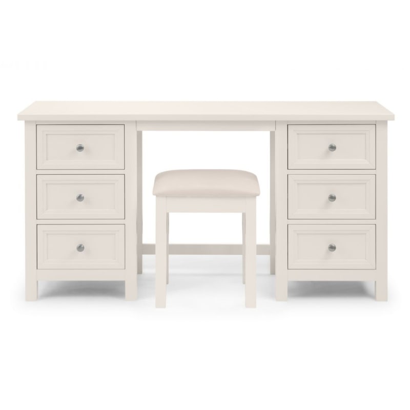 JULIAN BOWEN MAINE Surf White Dressing Table with drawers, featuring a sleek design, matching stool, and tri-fold mirror. Perfect for stylish bedroom storage and vanity needs.