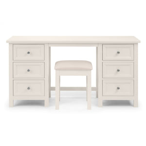 JULIAN BOWEN MAINE Surf White Dressing Table with drawers, featuring a sleek design, matching stool, and tri-fold mirror. Perfect for stylish bedroom storage and vanity needs.