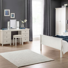 JULIAN BOWEN MAINE Surf White Dressing Table with drawers, featuring a sleek design, matching stool, and tri-fold mirror. Perfect for stylish bedroom storage and vanity needs.