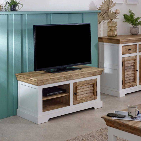 Indian Hub Mango Wood TV Unit 110cm in White & Natural Colour MW03 - White Tree Furniture