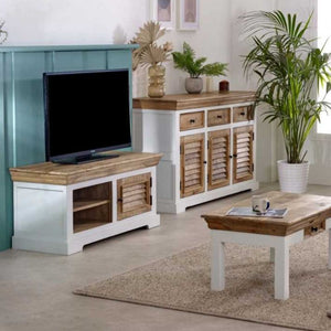 Indian Hub Mango Wood TV Unit 110cm in White & Natural Colour MW03 - White Tree Furniture