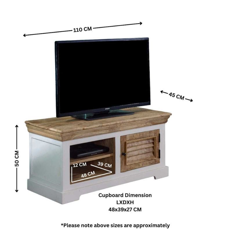 Indian Hub Mango Wood TV Unit 110cm in White & Natural Colour MW03 - White Tree Furniture