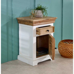 Indian Hub Mango Wood Bedside Cabinet in White & Natural Colour MW12 - White Tree Furniture