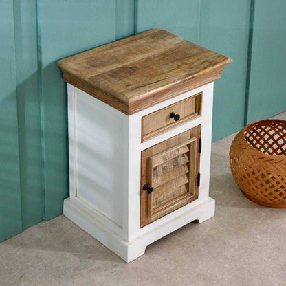 Indian Hub Mango Wood Bedside Cabinet in White & Natural Colour MW12 - White Tree Furniture