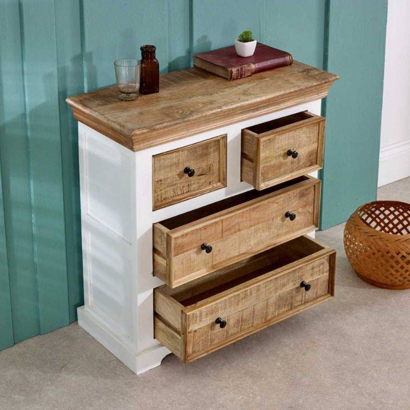 Indian Hub Mango Wood Chest of Drawers in White & Natural Colour MW11 - White Tree Furniture