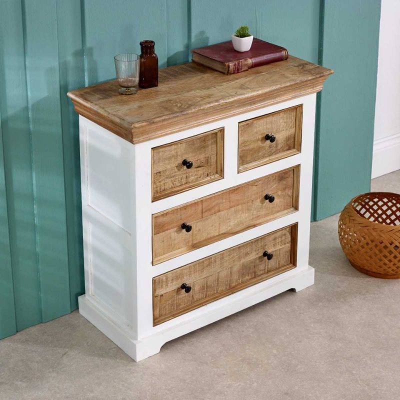 Indian Hub Mango Wood Chest of Drawers in White & Natural Colour MW11 - White Tree Furniture