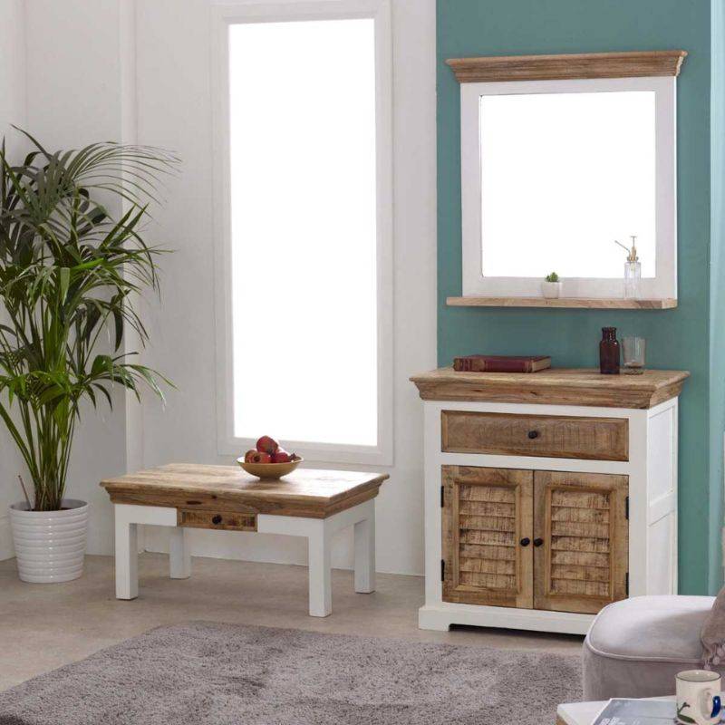 Indian Hub Mango Wood Mirror Frame with Shelf in White & Natural Colour MW09 - White Tree Furniture