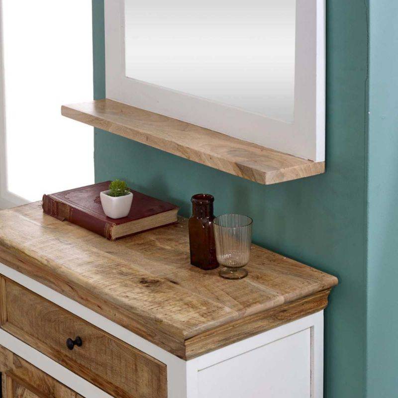 Indian Hub Mango Wood Mirror Frame with Shelf in White & Natural Colour MW09 - White Tree Furniture