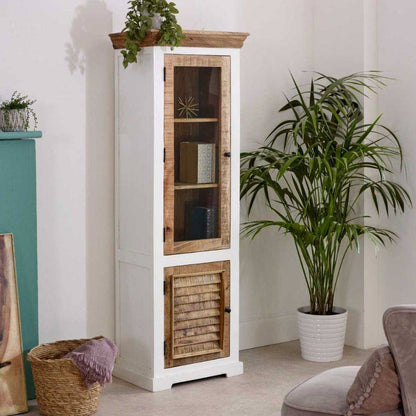 Indian Hub Mango Wood Narrow Bookcase in White & Natural Colour MW08 - White Tree Furniture