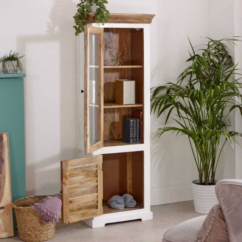 Indian Hub Mango Wood Narrow Bookcase in White & Natural Colour MW08 - White Tree Furniture