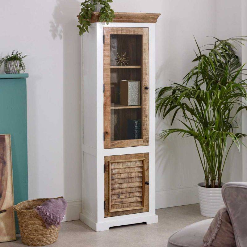 Indian Hub Mango Wood Narrow Bookcase in White & Natural Colour MW08 - White Tree Furniture