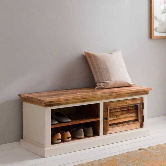 Indian Hub Mango Wood Shoe Storage Bench in White & Natural Colour MW14 - White Tree Furniture