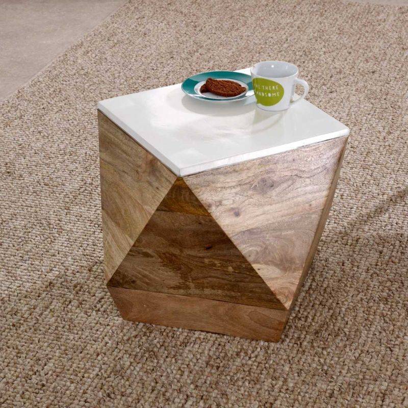 Indian Hub Mango Wood Side Table in White & Natural Colour MW01 - White Tree Furniture