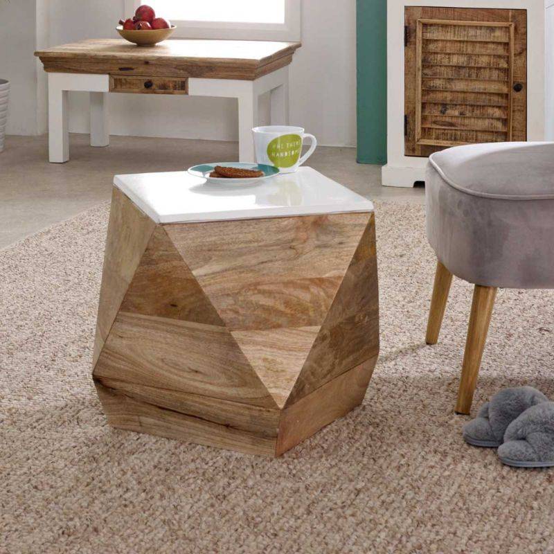 Mango Wood Side Table in White & Natural Colour