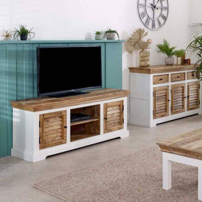 Indian Hub Mango Wood TV Unit 145cm in White & Natural Colour MW05 - White Tree Furniture