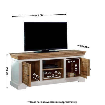 Indian Hub Mango Wood TV Unit 145cm in White & Natural Colour MW05 - White Tree Furniture