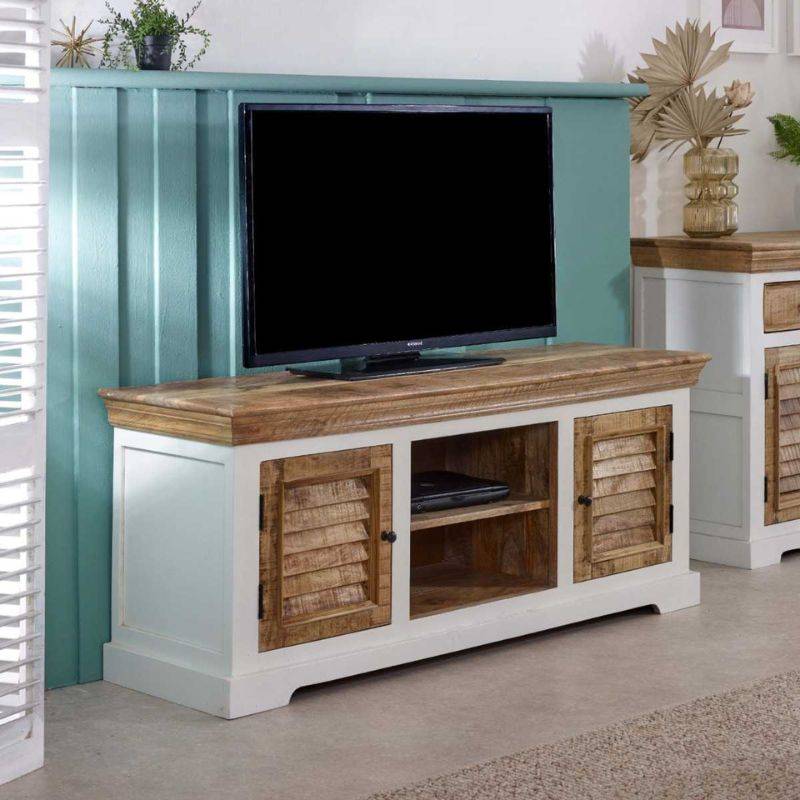 Indian Hub Mango Wood TV Unit 145cm in White & Natural Colour MW05 - White Tree Furniture