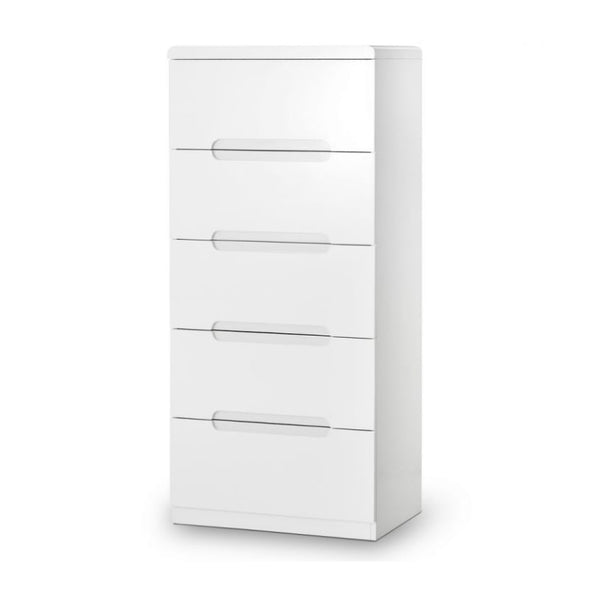 JULIAN BOWEN MANHATTAN High Gloss White Narrow Chest of 5 Drawers MAN204