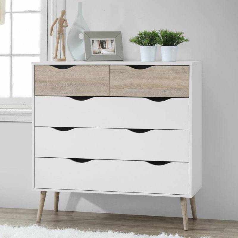 Mapleton 2 Over 3 Chest of Drawers in White & Oak Effect - White Tree Furniture