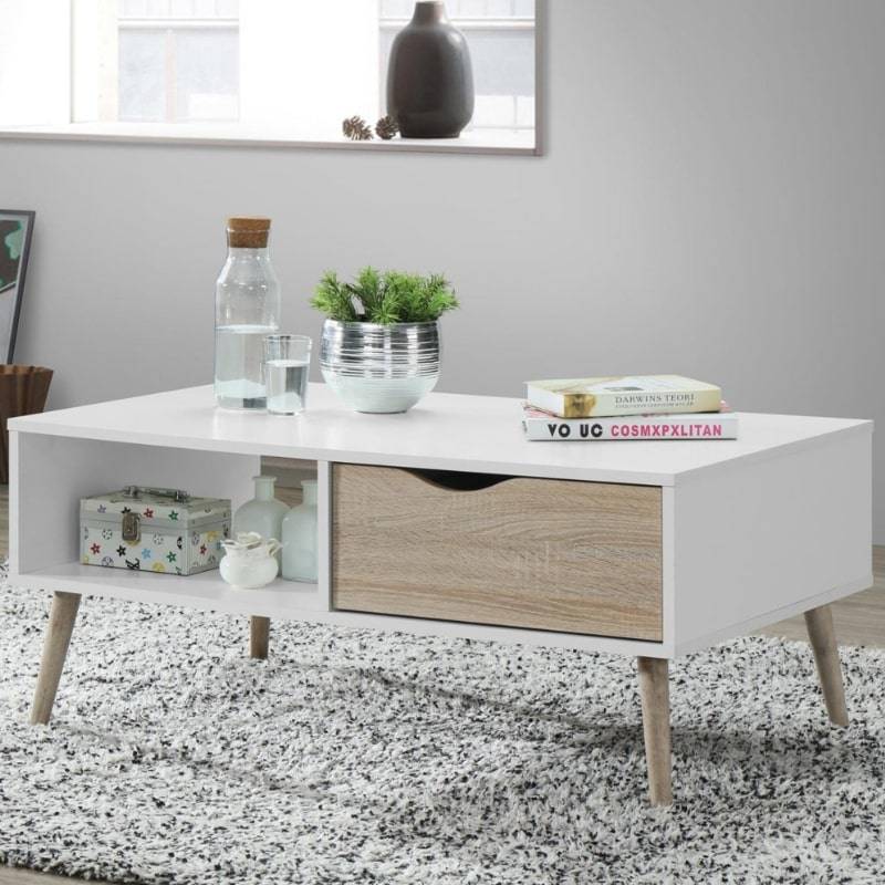 Mapleton Coffee Table White & Oak Effect w/ Rubberwood Legs - White Tree Furniture