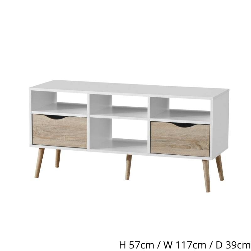 Mapleton Large TV Unit in White & Oak Effect w/ Legs - White Tree Furniture