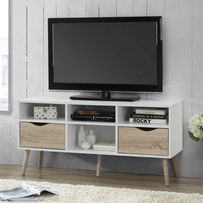 Mapleton Large TV Unit in White & Oak Effect w/ Legs - White Tree Furniture