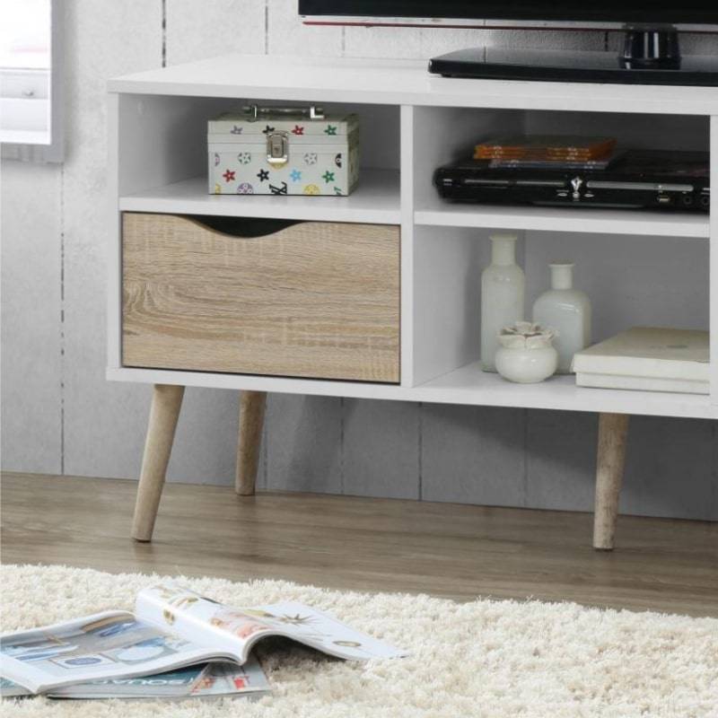 Mapleton Large TV Unit in White & Oak Effect w/ Legs - White Tree Furniture