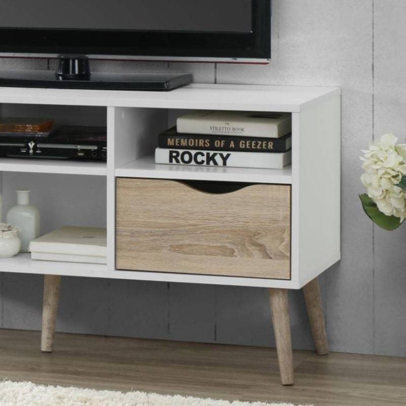 Mapleton Large TV Unit in White & Oak Effect w/ Legs - White Tree Furniture