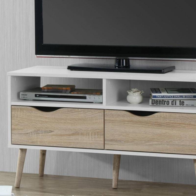 Mapleton Small TV Unit in White & Oak Effect w/ Legs - White Tree Furniture