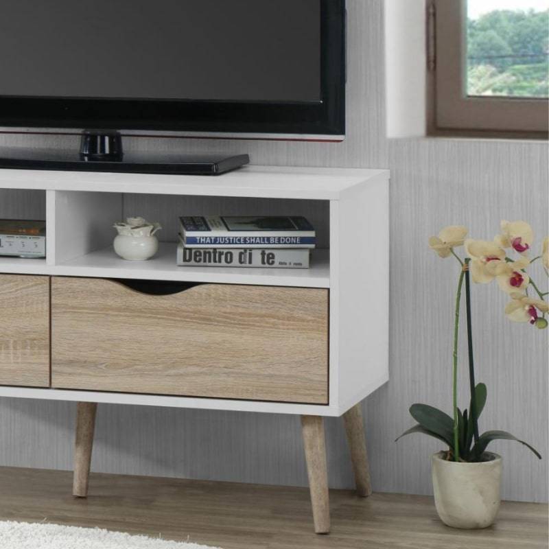 Mapleton Small TV Unit in White & Oak Effect w/ Legs - White Tree Furniture