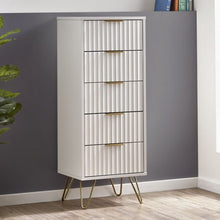 MURANO Matte White Tallboy 5 Drawer Chest of Drawers with gold handles and hairpin legs. Sleek bedroom furniture for modern storage.