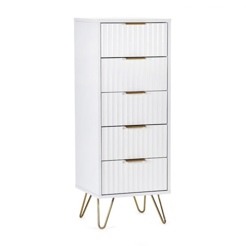 MURANO Matte White Tallboy 5 Drawer Chest of Drawers with gold handles and hairpin legs. Sleek bedroom furniture for modern storage.