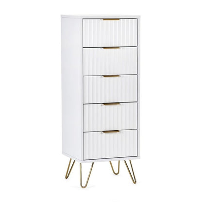 MURANO Matte White Tallboy 5 Drawer Chest of Drawers with gold handles and hairpin legs. Sleek bedroom furniture for modern storage.