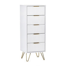 MURANO Matte White Tallboy 5 Drawer Chest of Drawers with gold handles and hairpin legs. Sleek bedroom furniture for modern storage.