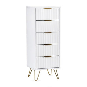 MURANO Matte White Tallboy 5 Drawer Chest of Drawers with gold handles and hairpin legs. Sleek bedroom furniture for modern storage.