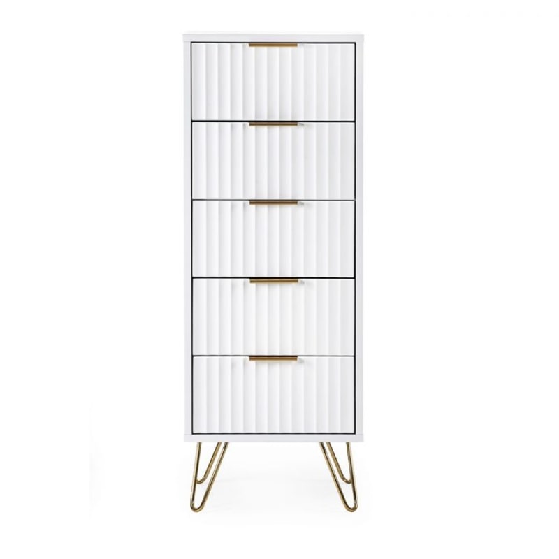 MURANO Matte White Tallboy 5 Drawer Chest of Drawers with gold handles and hairpin legs. Sleek bedroom furniture for modern storage.