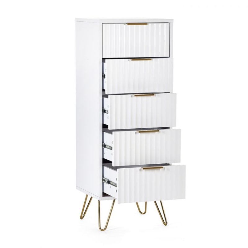 MURANO Matte White Tallboy 5 Drawer Chest of Drawers with gold handles and hairpin legs. Sleek bedroom furniture for modern storage.