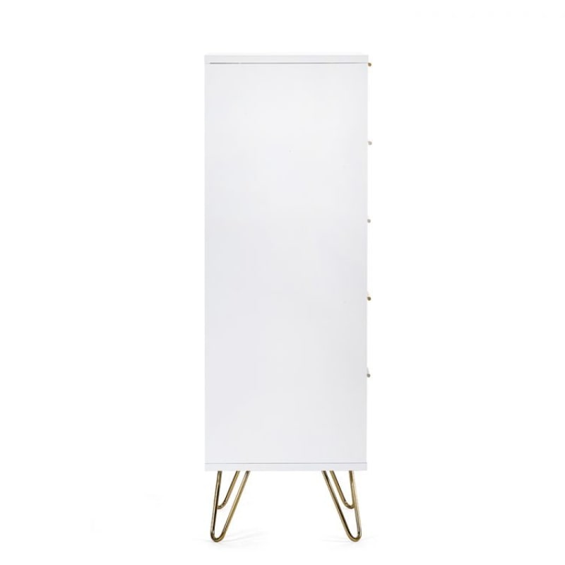 MURANO Matte White Tallboy 5 Drawer Chest of Drawers with gold handles and hairpin legs. Sleek bedroom furniture for modern storage.