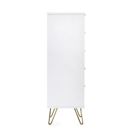 MURANO Matte White Tallboy 5 Drawer Chest of Drawers with gold handles and hairpin legs. Sleek bedroom furniture for modern storage.