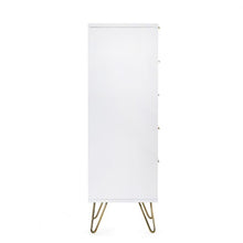 MURANO Matte White Tallboy 5 Drawer Chest of Drawers with gold handles and hairpin legs. Sleek bedroom furniture for modern storage.