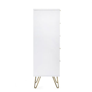 MURANO Matte White Tallboy 5 Drawer Chest of Drawers with gold handles and hairpin legs. Sleek bedroom furniture for modern storage.