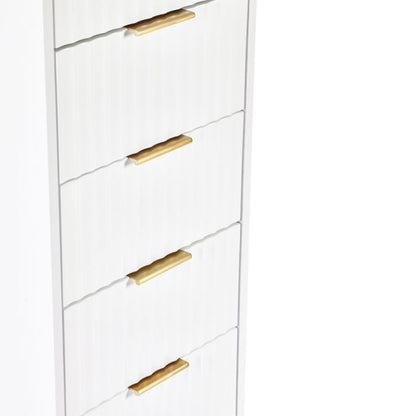 MURANO Matte White Tallboy 5 Drawer Chest of Drawers with gold handles and hairpin legs. Sleek bedroom furniture for modern storage.