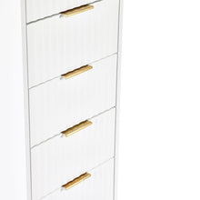 MURANO Matte White Tallboy 5 Drawer Chest of Drawers with gold handles and hairpin legs. Sleek bedroom furniture for modern storage.