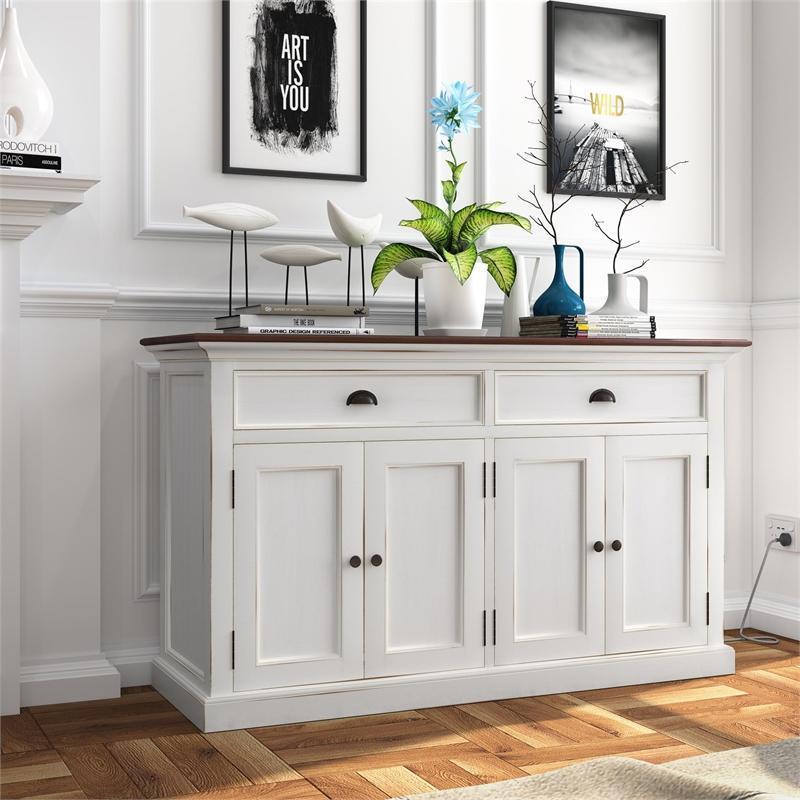 NOVASOLO Halifax Accent Distressed White Sideboard with Wooden Top B127TWD - White Tree Furniture