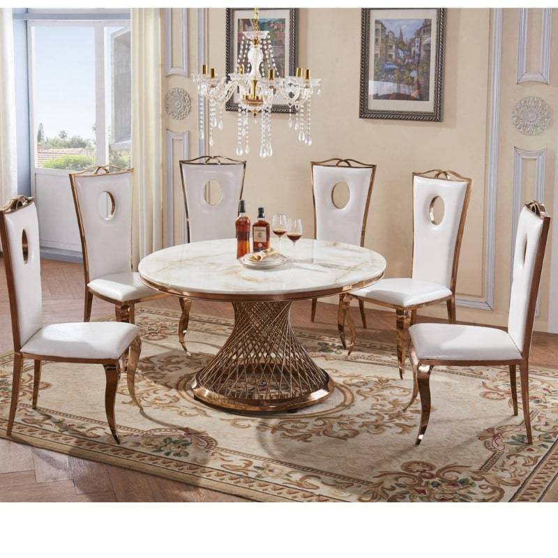 Pescara Marble Round Dining Table w/ Stainless Steel Base - White Tree Furniture