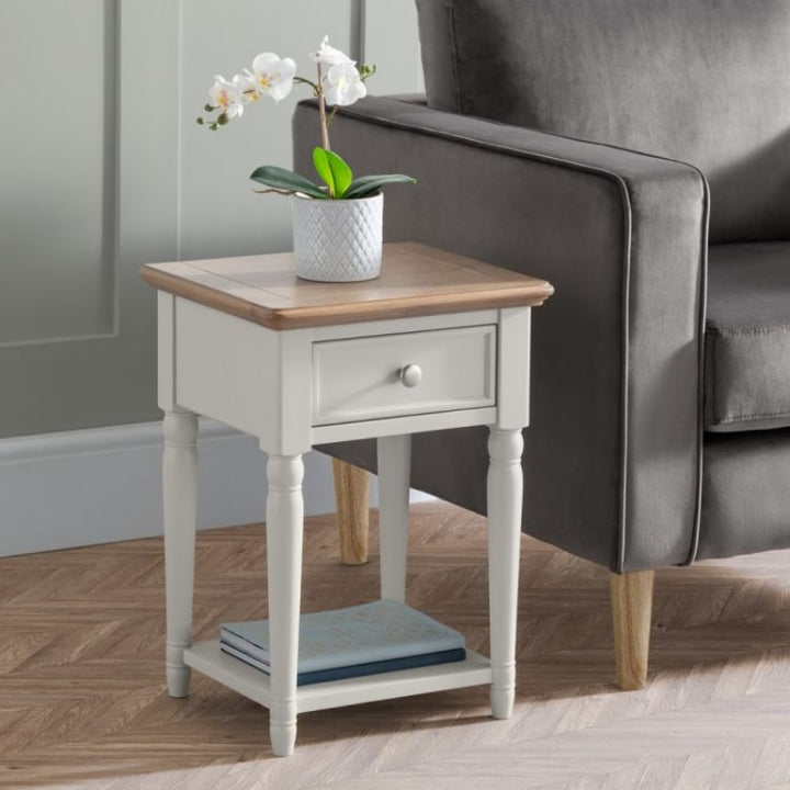 JULIAN BOWEN PROVENCE Grey Lacquer 1 Drawer Lamp Table with Limed Oak Effect Top PRO104 - White Tree Furniture