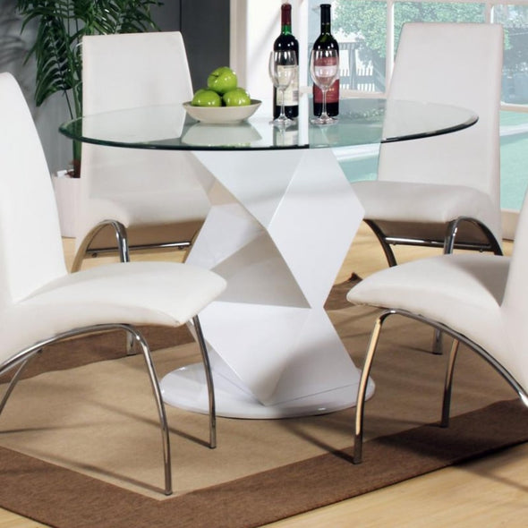 Rowley Round Glass Dining Table with High Gloss White Pedestal and 4 White Chairs - White Tree Furniture